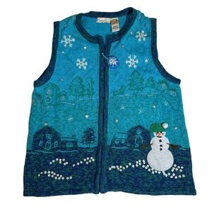 Kim Rogers Winter Christmas Holiday Sweater Vest L Snowman Snowflakes sequins
